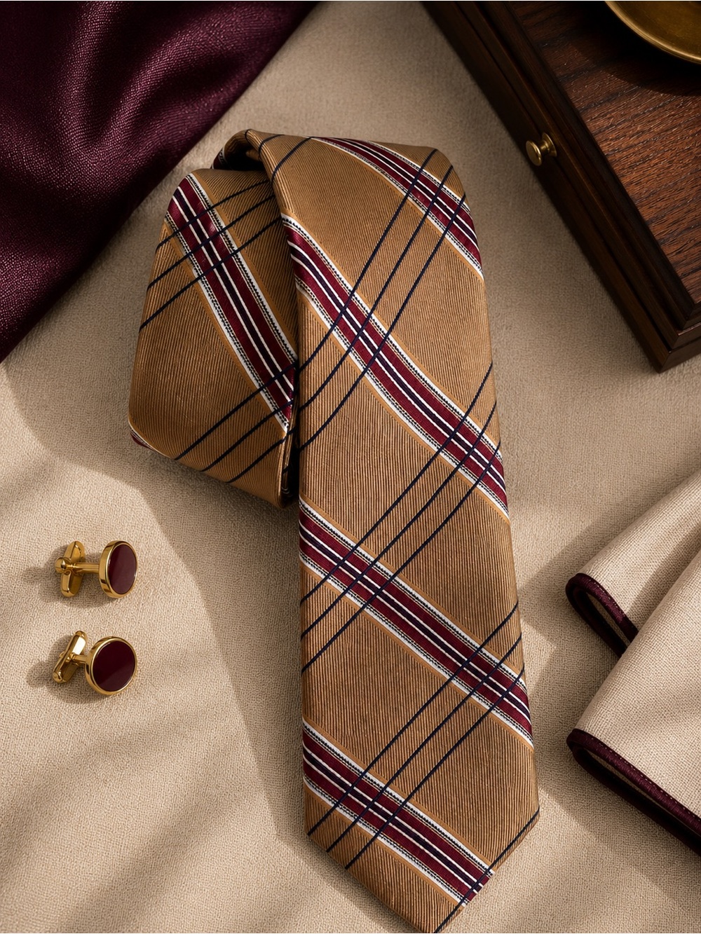Rooster 1949 Bronze Silk Tie | Classic Prep Stripe Necktie | 3” Width | GUC